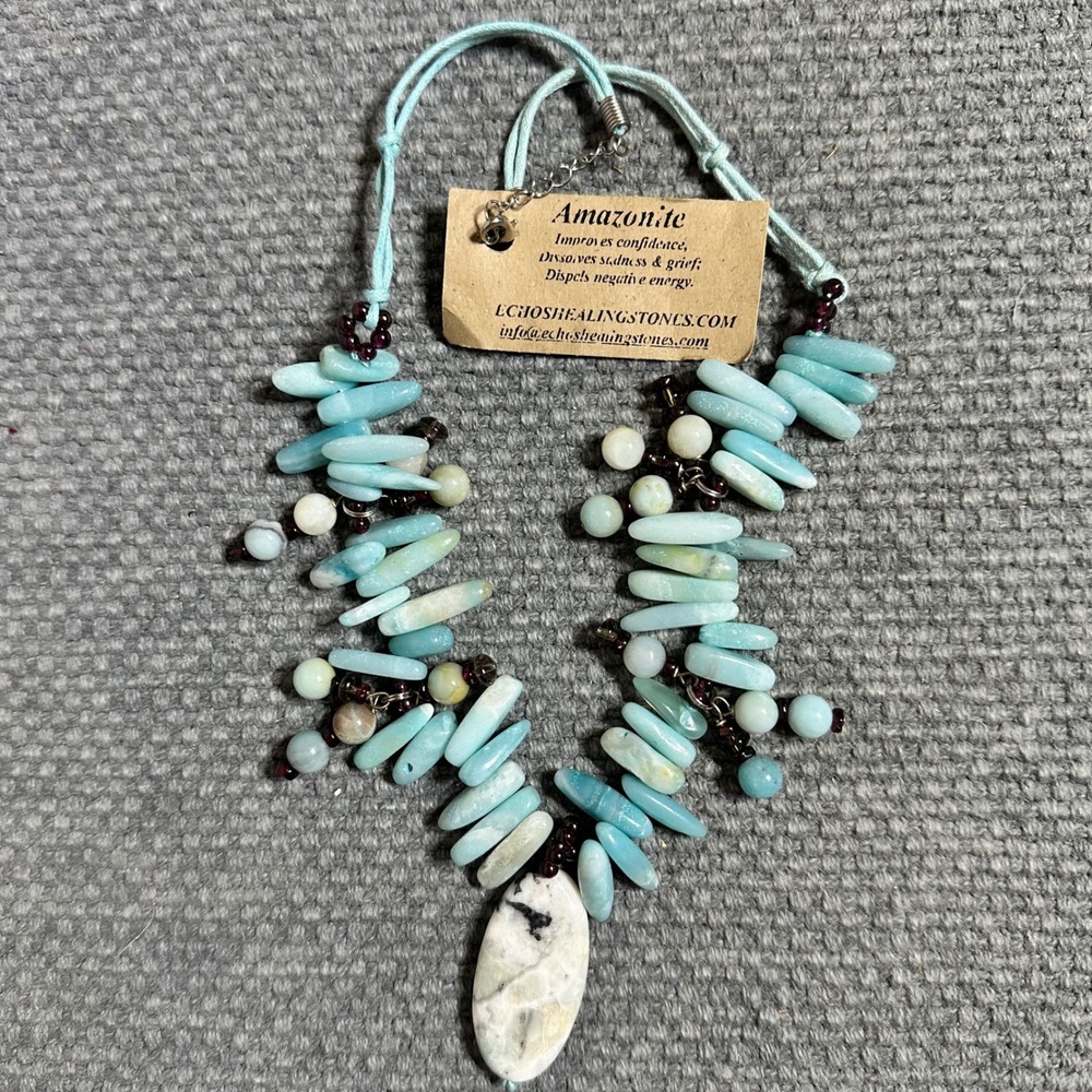Echos Healing Stones Amazonite Garnet Necklace Blue Boho Artisan Bohemian NEW